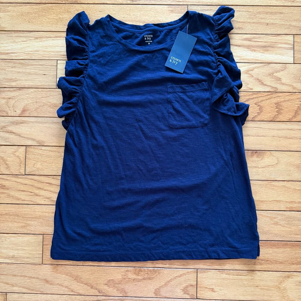 NWT New Crown & Ivy Navy Blue Sleeveless Top with Ruffle Trim & Pocket, Medium
